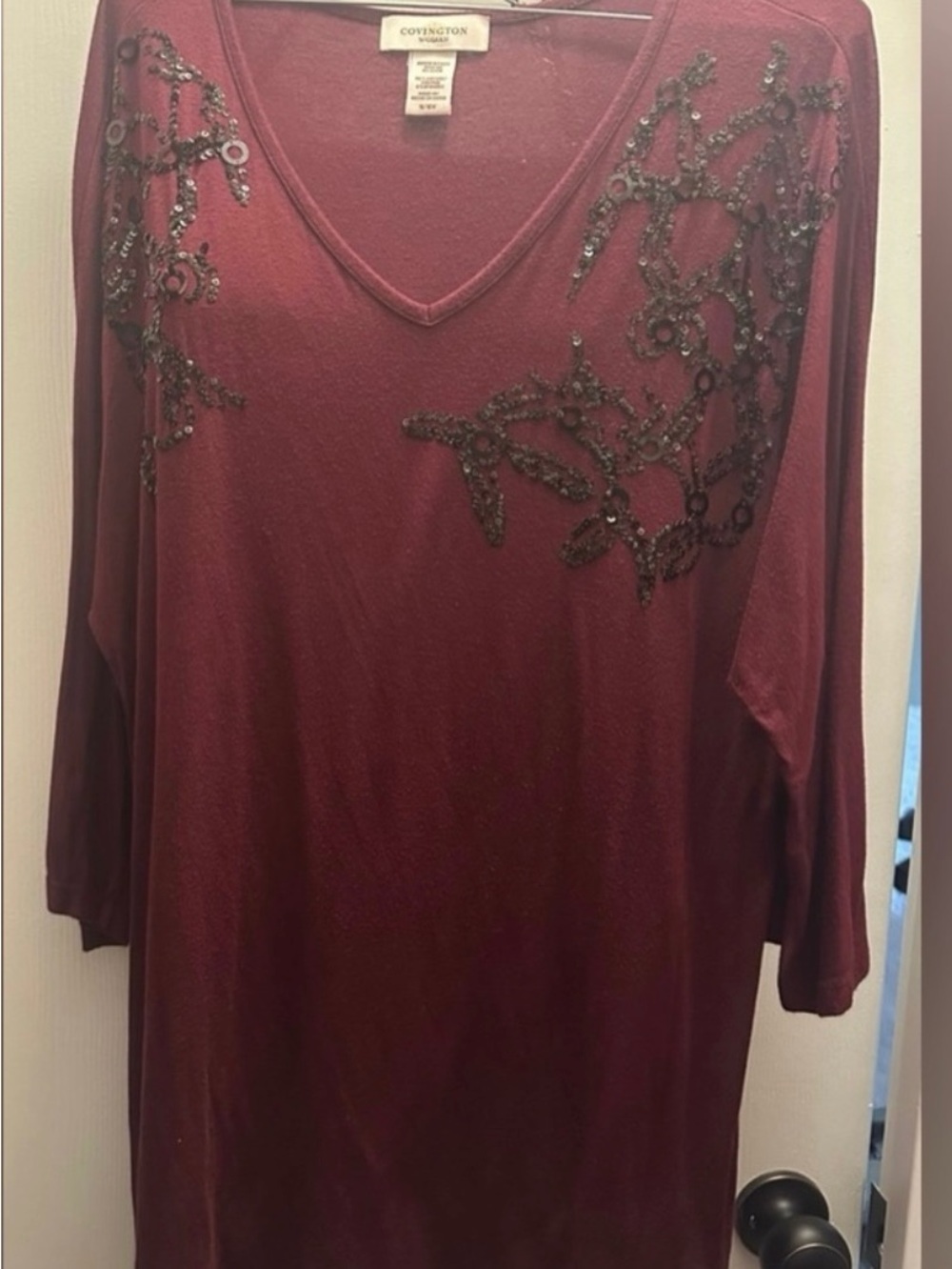 Covington Women's Burgundy V-Neck Embellished Top